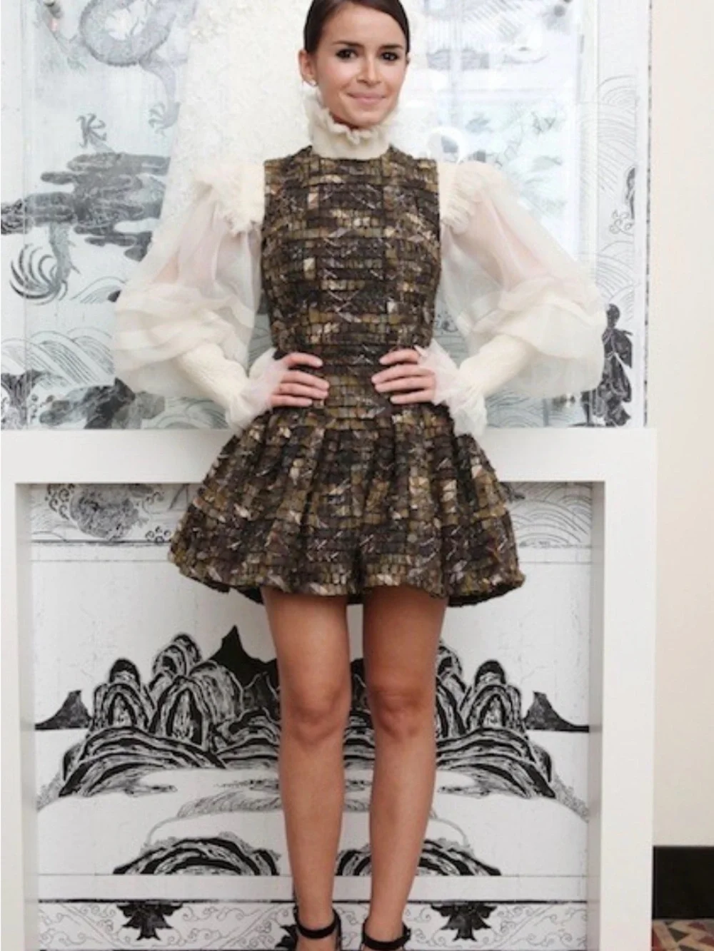 Vintage Chanel Metiers Dart  Tweed Mini Dress with Sheer Puff Sleeves
